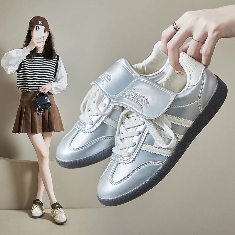 Pantofi de antrenament moral argintii noi, pantofi sport ocazional, cu vârf rotund, curea subțire, piele de nișă, pantofi pentru femei, încălțăminte pentru femei