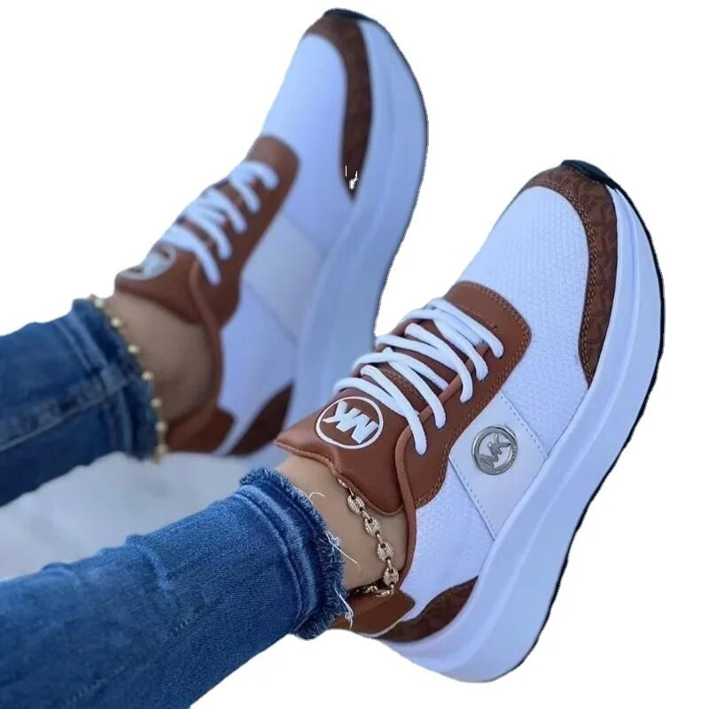 Γυναικεία πάνινα παπούτσια μόδας με εμπριμέ πλέγμα με αναπνεύσιμη χοντρή σόλα Αθλητικά παπούτσια Νέα αθλητικά παπούτσια τένις με κορδόνια ελαφριά παπούτσια για περπάτημα