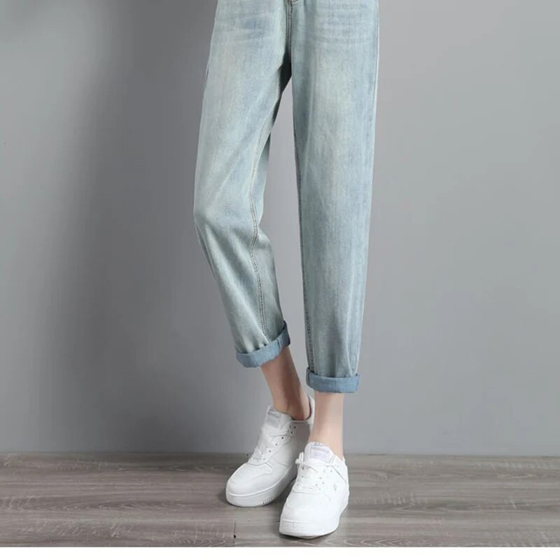 Jarné jesenné kórejské vintage džínsy Harajuku pre ženy, voľné módne dámske oblečenie, ležérne univerzálne nohavice s vysokým pásom