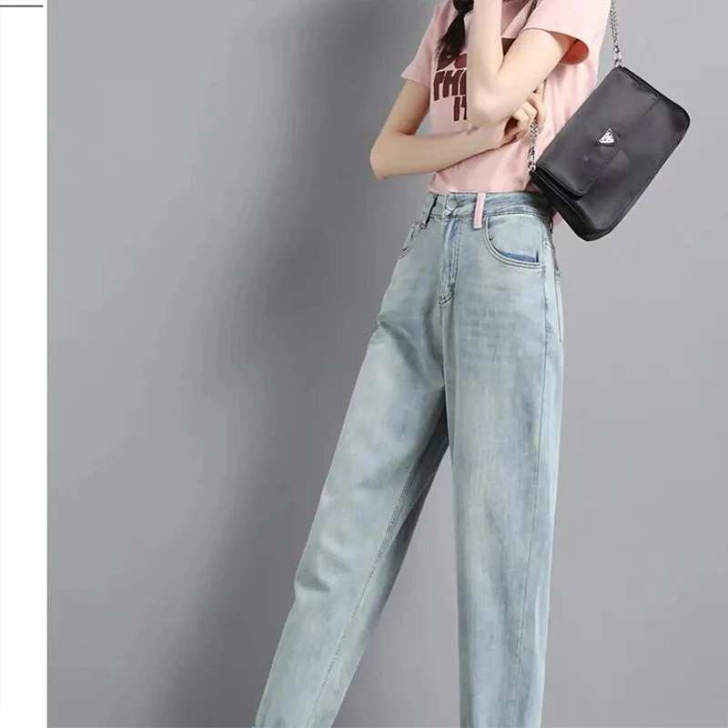 Jarné jesenné kórejské vintage džínsy Harajuku pre ženy, voľné módne dámske oblečenie, ležérne univerzálne nohavice s vysokým pásom
