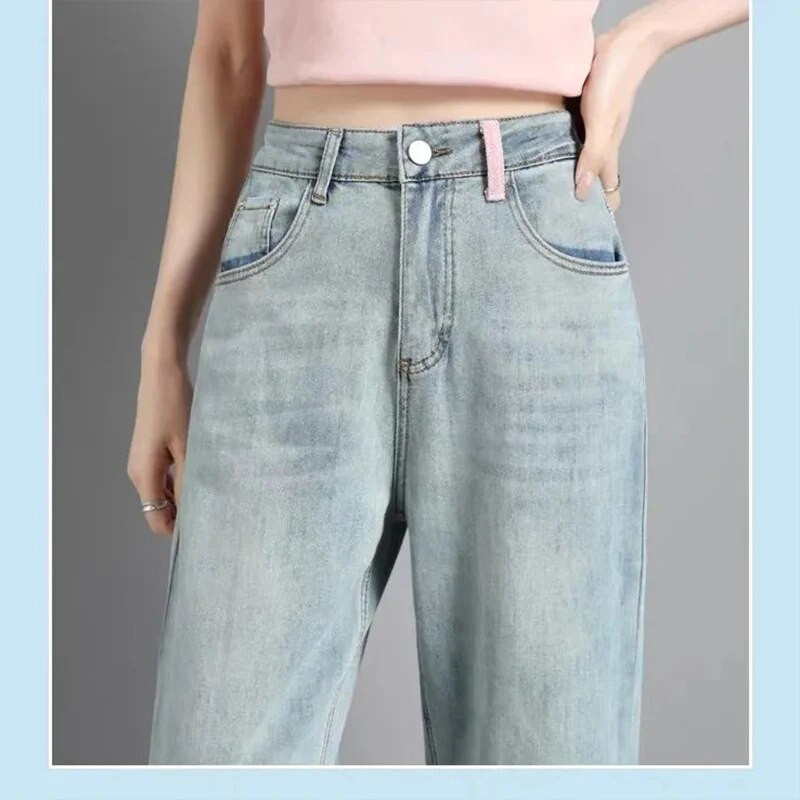 Jarné jesenné kórejské vintage džínsy Harajuku pre ženy, voľné módne dámske oblečenie, ležérne univerzálne nohavice s vysokým pásom