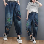 Moda de primăvară, toamnă, pentru femei, vintage, chic, stea, patchwork, blugi pentru femei, cu talie elastică, cu broderie retro, pantaloni din denim, pantaloni harem