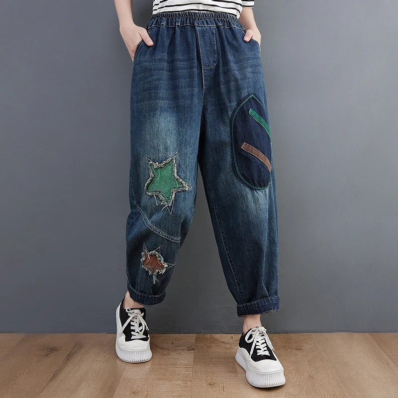 Moda de primăvară, toamnă, pentru femei, vintage, chic, stea, patchwork, blugi pentru femei, cu talie elastică, cu broderie retro, pantaloni din denim, pantaloni harem