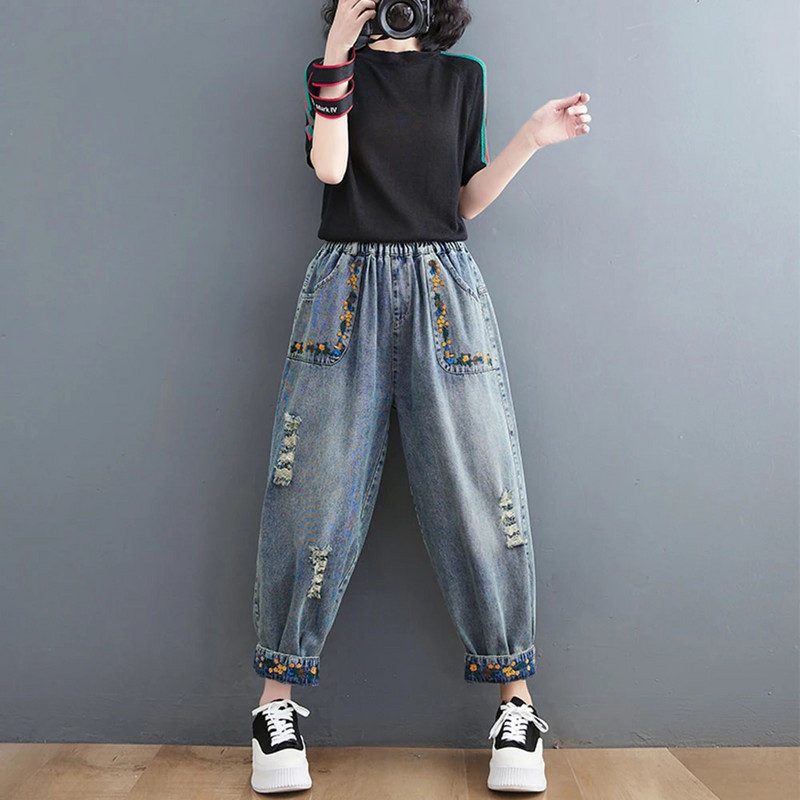 Vintage roztrhané džínsy s výšivkou, jarné dámske elastické pásy, voľné ležérne nohavice, kórejské kvetinové háremové džínsy