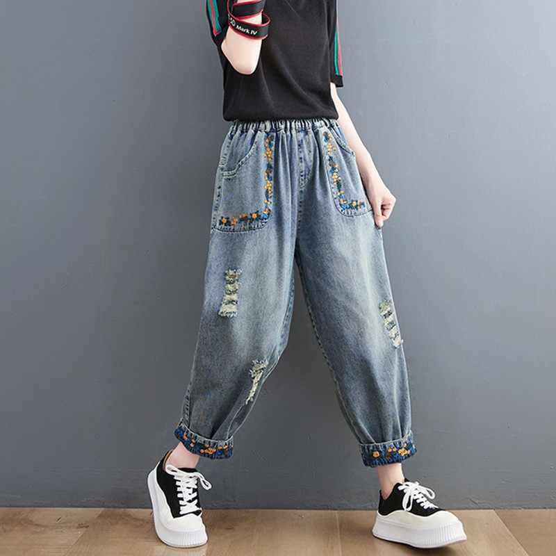 Vintage roztrhané džínsy s výšivkou, jarné dámske elastické pásy, voľné ležérne nohavice, kórejské kvetinové háremové džínsy