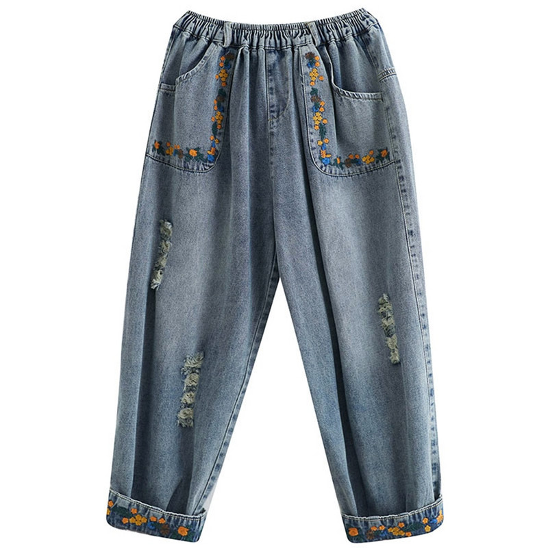 Vintage roztrhané džínsy s výšivkou, jarné dámske elastické pásy, voľné ležérne nohavice, kórejské kvetinové háremové džínsy