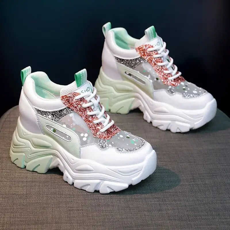 Pantofi pantofi grossi pentru femei, cu plasă respirabilă, pantofi casual, cu toc cu pană de 9 cm, cu platformă, pantofi pentru femei, pantofi sport pentru tată2024