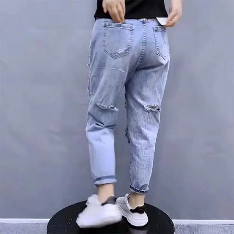 Κορεατικά Wild Hole τζιν Γυναικεία Άνοιξη Καλοκαίρι Νέο Ψηλόμεσο ίσιο πόδι Κομψό χαλαρό τζιν παντελόνι BF Friend Casual παντελόνι μέχρι τον αστράγαλο