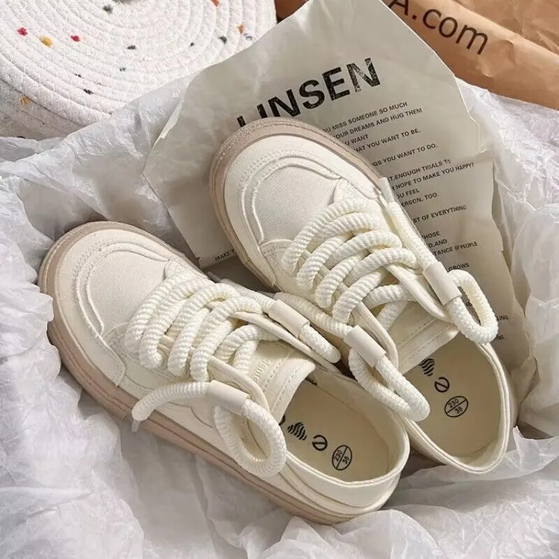 2024. Nove cipele s platformom na vezivanje, jesenske ženske bijele platnene tenisice s ravnim prstima, okruglim prstima, ležerno trčanje na otvorenom