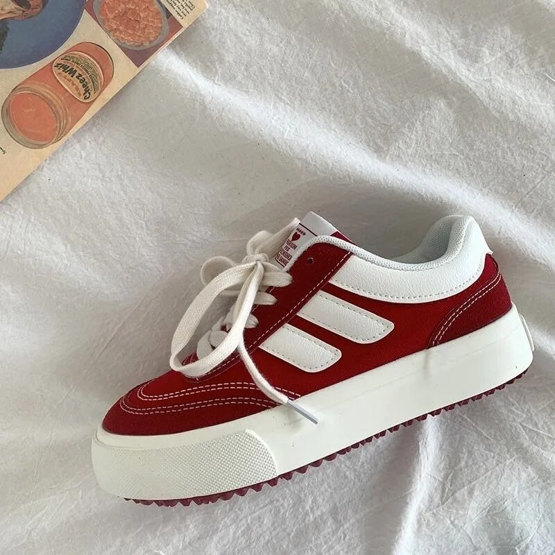 Červené dámske vulkanizované topánky, ležérne tenisky na platforme, vintage športové dámske kórejské dizajnérske balerínky Harajuku, školské tenisky