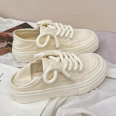 2023 Nové šnurovacie vulkanizované topánky Jesenné dámske biele plátené tenisky Univerzálne s okrúhlou špičkou Ploché ležérne vonkajšie bežecké Zapatillas