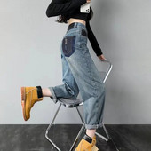 Új koreai divat, kék, csillogó, buggyos farmer Női magas derekú nadrág Női barát lány Lány bő Haren farmer nadrág farmer 2