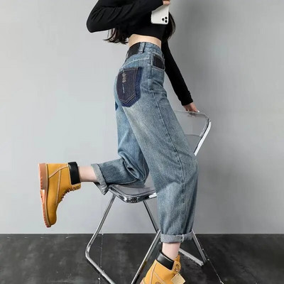 Új koreai divat, kék, csillogó, buggyos farmer Női magas derekú nadrág Női barát lány Lány bő Haren farmer nadrág farmer 2