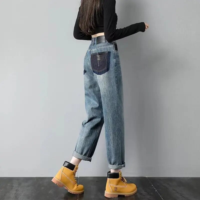 Új koreai divat, kék, csillogó, buggyos farmer Női magas derekú nadrág Női barát lány Lány bő Haren farmer nadrág farmer 2