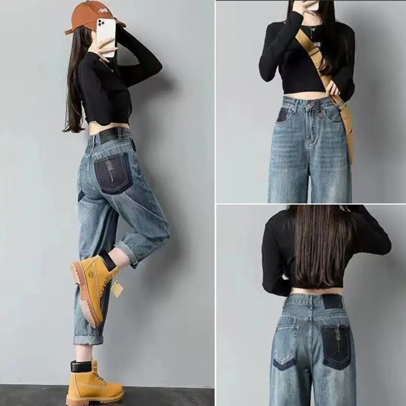 Új koreai divat, kék, csillogó, buggyos farmer Női magas derekú nadrág Női barát lány Lány bő Haren farmer nadrág farmer 2