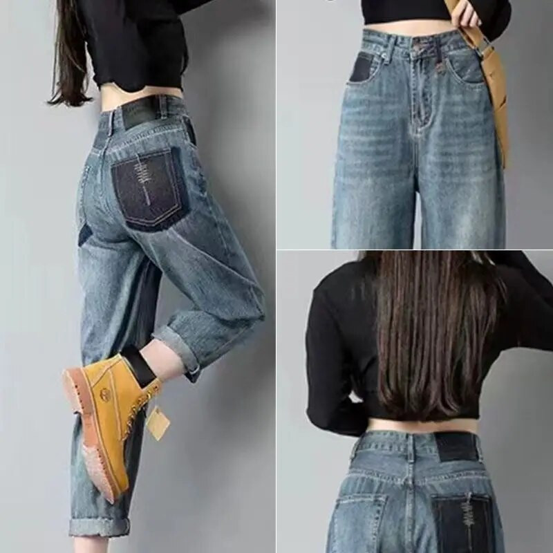 Új koreai divat, kék, csillogó, buggyos farmer Női magas derekú nadrág Női barát lány Lány bő Haren farmer nadrág farmer 2