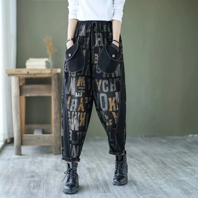 80-200 libier džínsy ženy jar jeseň nové západné písmeno potlač voľné tenké patchwork Harlan nohavice ženské kovbojské nohavice