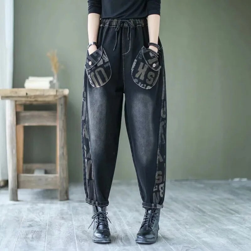 80-200 libier džínsy ženy jar jeseň nové západné písmeno potlač voľné tenké patchwork Harlan nohavice ženské kovbojské nohavice
