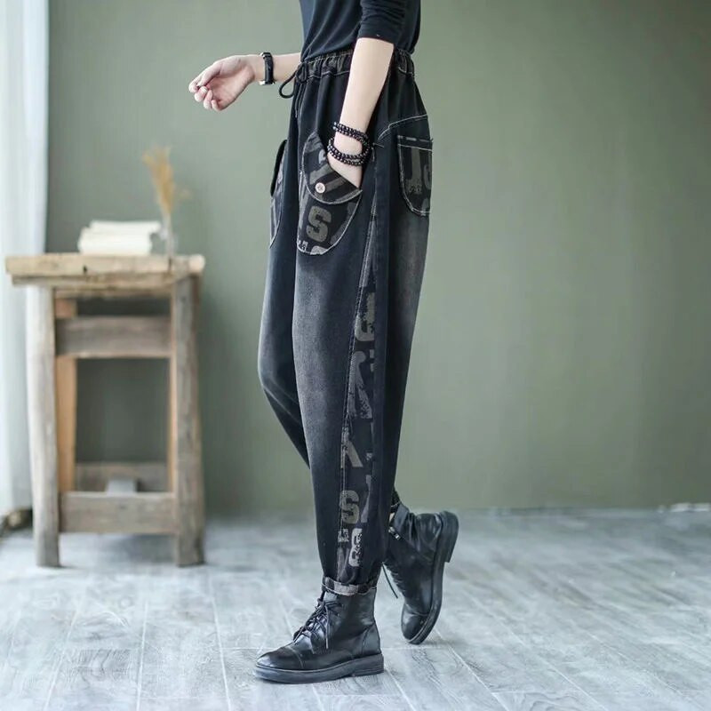 80-200 libier džínsy ženy jar jeseň nové západné písmeno potlač voľné tenké patchwork Harlan nohavice ženské kovbojské nohavice