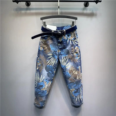 Dámske džínsy s vysokým pásom, veľkou veľkosťou, jarnou a jesennou potlačou, po členky, s vysokým pásom, voľné džínsy