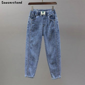 Fehérített mandzsetta táskás farmer Rugalmas magas derekú, bokahosszú hárem nadrág, egyenes farmer nadrág Női Vaqueros koreai pantalones