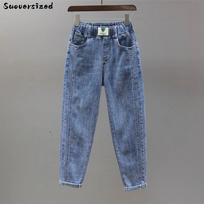 Manșete albite Blugi largi, elastici cu talie înaltă, până la glezne, pantaloni harem, drepți, pantaloni din denim femei, pantaloni coreeani