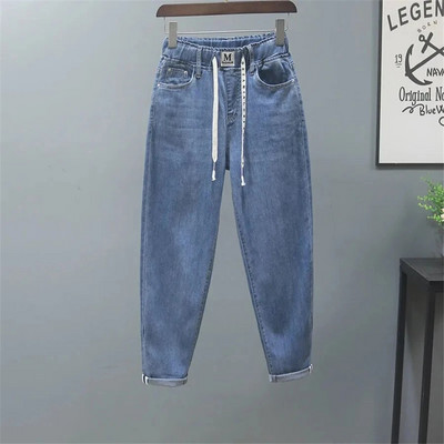 Fehérített mandzsetta táskás farmer Rugalmas magas derekú, bokahosszú hárem nadrág, egyenes farmer nadrág Női Vaqueros koreai pantalones