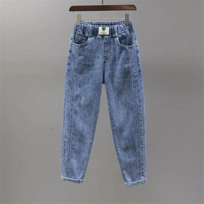 Fehérített mandzsetta táskás farmer Rugalmas magas derekú, bokahosszú hárem nadrág, egyenes farmer nadrág Női Vaqueros koreai pantalones