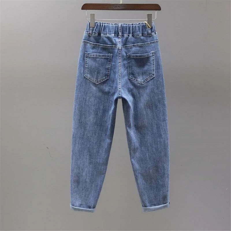 Fehérített mandzsetta táskás farmer Rugalmas magas derekú, bokahosszú hárem nadrág, egyenes farmer nadrág Női Vaqueros koreai pantalones