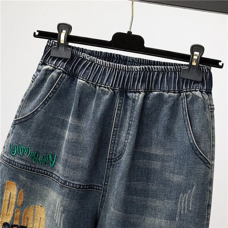 Výšivka zostrihané staré vrecovité džínsy ženy háremové nohavice s vysokým pásom džínsové nohavice vintage capri kórejské vaqueros ležérne pantalon