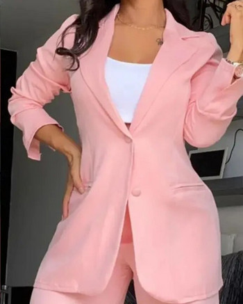 Дамски комплекти с елегантен блейзър Нова есенна мода Дамско палто с назъбена яка и панталон с дизайн на джоба Комплект от две части за пътуване до работното място