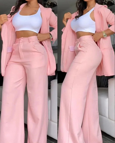 Seturi de sacouri elegante pentru femei, noua moda de toamna, haina cu guler crestat pentru femei, set de pantaloni cu design de buzunar, la munca la naveta, costum din doua piese