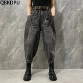 Dámske streetwear džínsy s vysokým pásom, vintage džínsy po členky, vrecovité nohavice, kórejský trend