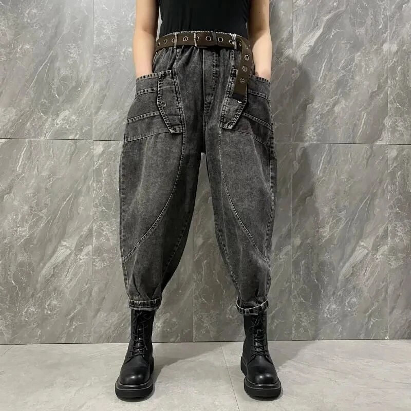 Dámske streetwear džínsy s vysokým pásom, vintage džínsy po členky, vrecovité nohavice, kórejský trend