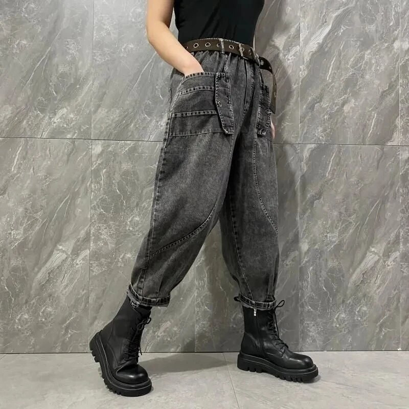 Dámske streetwear džínsy s vysokým pásom, vintage džínsy po členky, vrecovité nohavice, kórejský trend