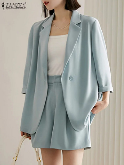 ZANZEA Seturi scurte elegante de primăvară 2BUC Blazer cu mâneci 3/4 pentru femei Seturi de pantaloni de lucru solidi la modă Trening urban casual 2023