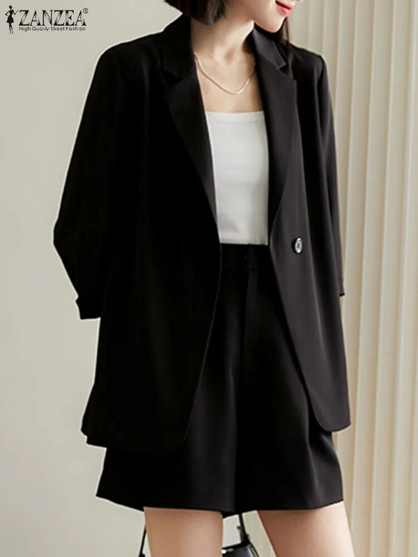 ZANZEA Jarné elegantné krátke súpravy 2 ks dámske saká s 3/4 rukávom, módne pevné OL pracovné nohavice, súpravy, ležérne mestské tepláky 2023