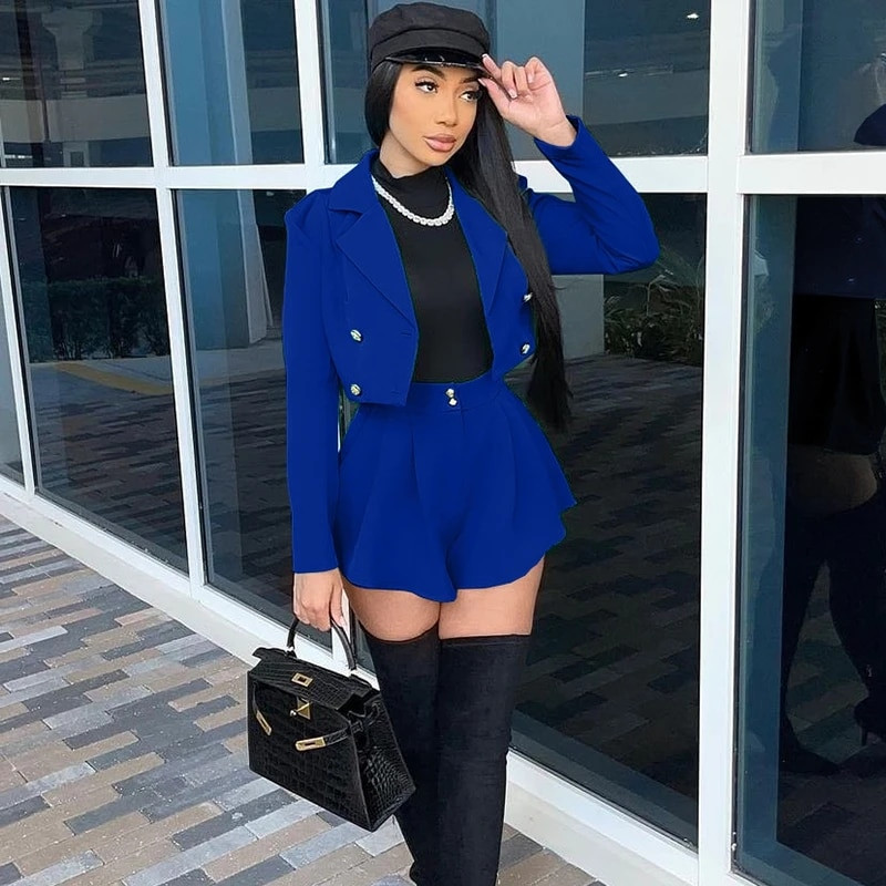 Őszi blézer szettek, kétrészes szettek, női ruhák, születésnapi buli klubba illő szett kabát felső és redőzött rövidnadrág, női öltöny, 2022