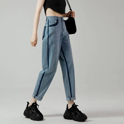 Streetwear модни дамски дънки с контрастен цвят Пролет Есен Нови панталони с висока талия Универсални свободни ежедневни тънки изпрани дънкови панталони
