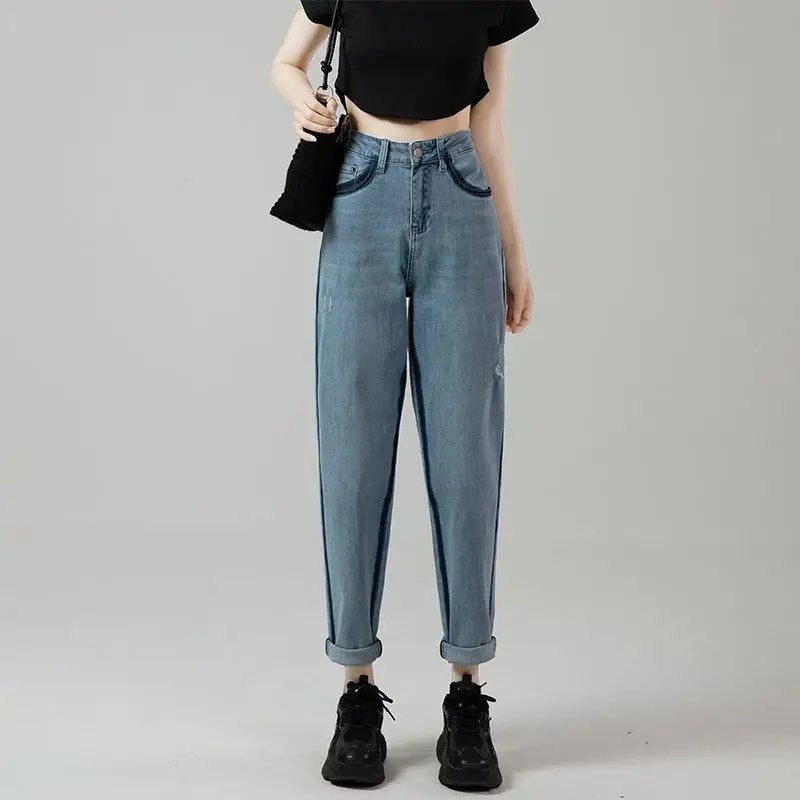 Módne dámske džínsy s kontrastnou farbou, jarné a jesenné, nové nohavice s vysokým pásom, všestranné, voľné, ležérne, tenké, prané, džínsové nohavice
