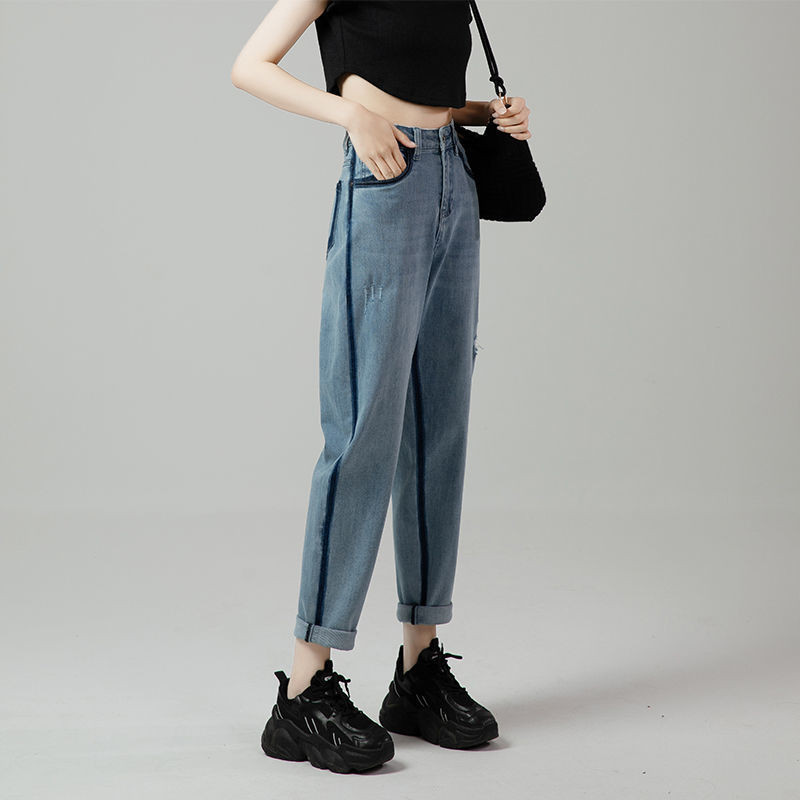 Módne dámske džínsy s kontrastnou farbou, jarné a jesenné, nové nohavice s vysokým pásom, všestranné, voľné, ležérne, tenké, prané, džínsové nohavice