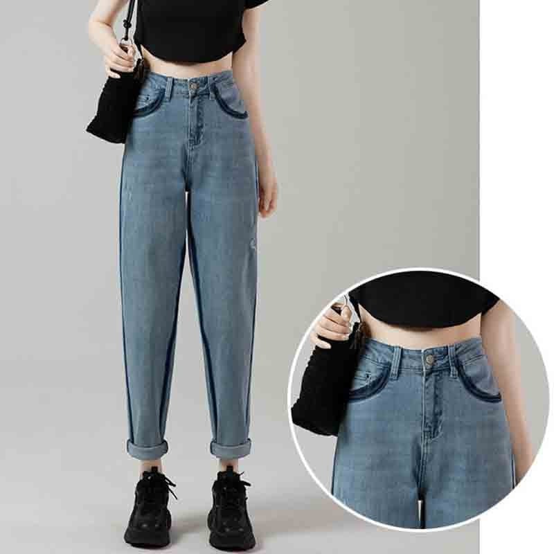 Módne dámske džínsy s kontrastnou farbou, jarné a jesenné, nové nohavice s vysokým pásom, všestranné, voľné, ležérne, tenké, prané, džínsové nohavice