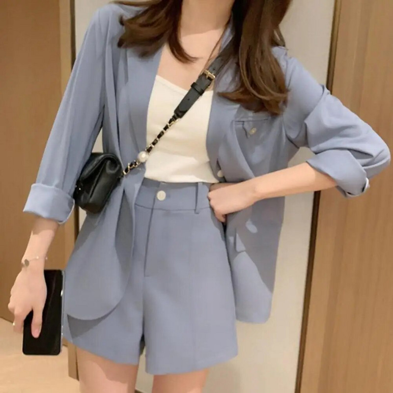 Dámske sako, kabát a šortky, súprava, jednofarebný dres s dlhým rukávom a klopou s krátkymi nohavicami, vrchné oblečenie, dámsky oblek na denné nosenie
