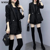 Costum din tweed în carouri, negru, epocă. Set de jachete și pantaloni scurți, elegante, largi, Ansamblu coreean pentru femei Seturi 2 piese ținute pentru femei