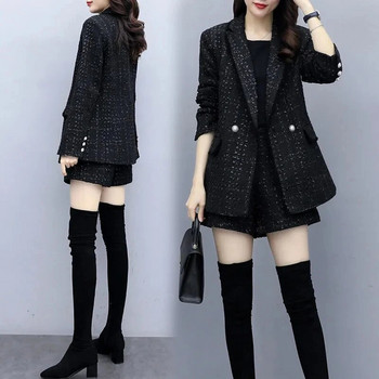 Μαύρο vintage καρό κοστούμι τουίντ Κομψό χαλαρό σακάκι και σορτς Σετ Κορεατικό σύνολο Femme 2 τεμάχια σετ Γυναικεία ρούχα