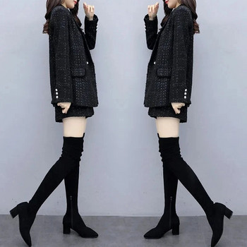 Μαύρο vintage καρό κοστούμι τουίντ Κομψό χαλαρό σακάκι και σορτς Σετ Κορεατικό σύνολο Femme 2 τεμάχια σετ Γυναικεία ρούχα