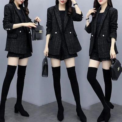 Costum din tweed în carouri, negru, epocă. Set de jachete și pantaloni scurți, elegante, largi, Ansamblu coreean pentru femei Seturi 2 piese ținute pentru femei