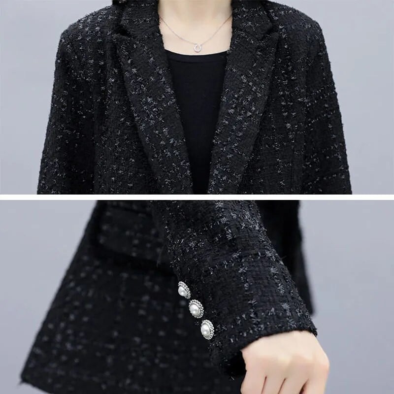 Čierny vintage kockovaný tvídový oblek, elegantný voľný sako, sako a šortky, kórejský súbor Femme, 2-dielne súpravy pre ženy