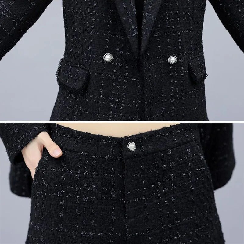 Čierny vintage kockovaný tvídový oblek, elegantný voľný sako, sako a šortky, kórejský súbor Femme, 2-dielne súpravy pre ženy