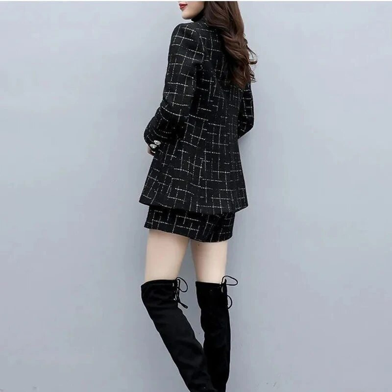 Dámsky set kabáta a šortiek s kockovaným vzorom, vlnené sako, voľná bunda, vintage oblek, jeseň, zima, nové, 2-dielna súprava, 2023